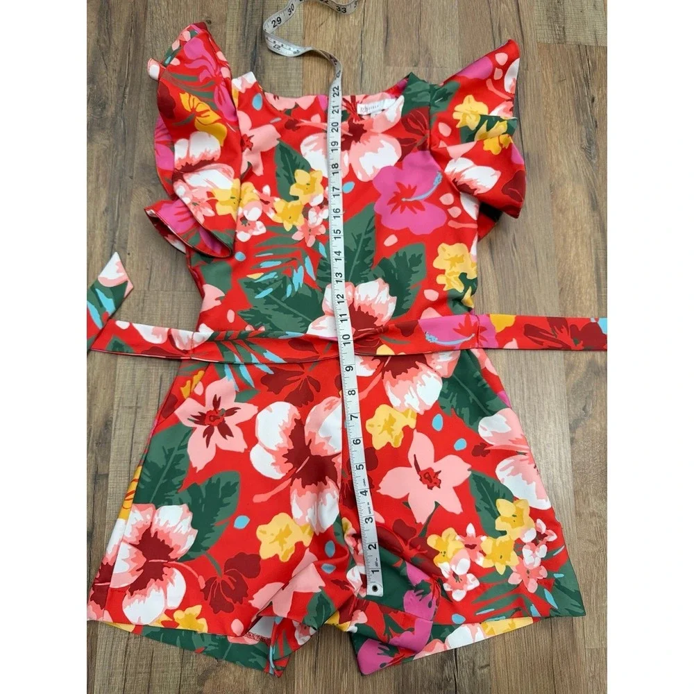 GB Girls Size 8 Floral Romper Red Ruffle Sleeve Belted Pockets Tropical